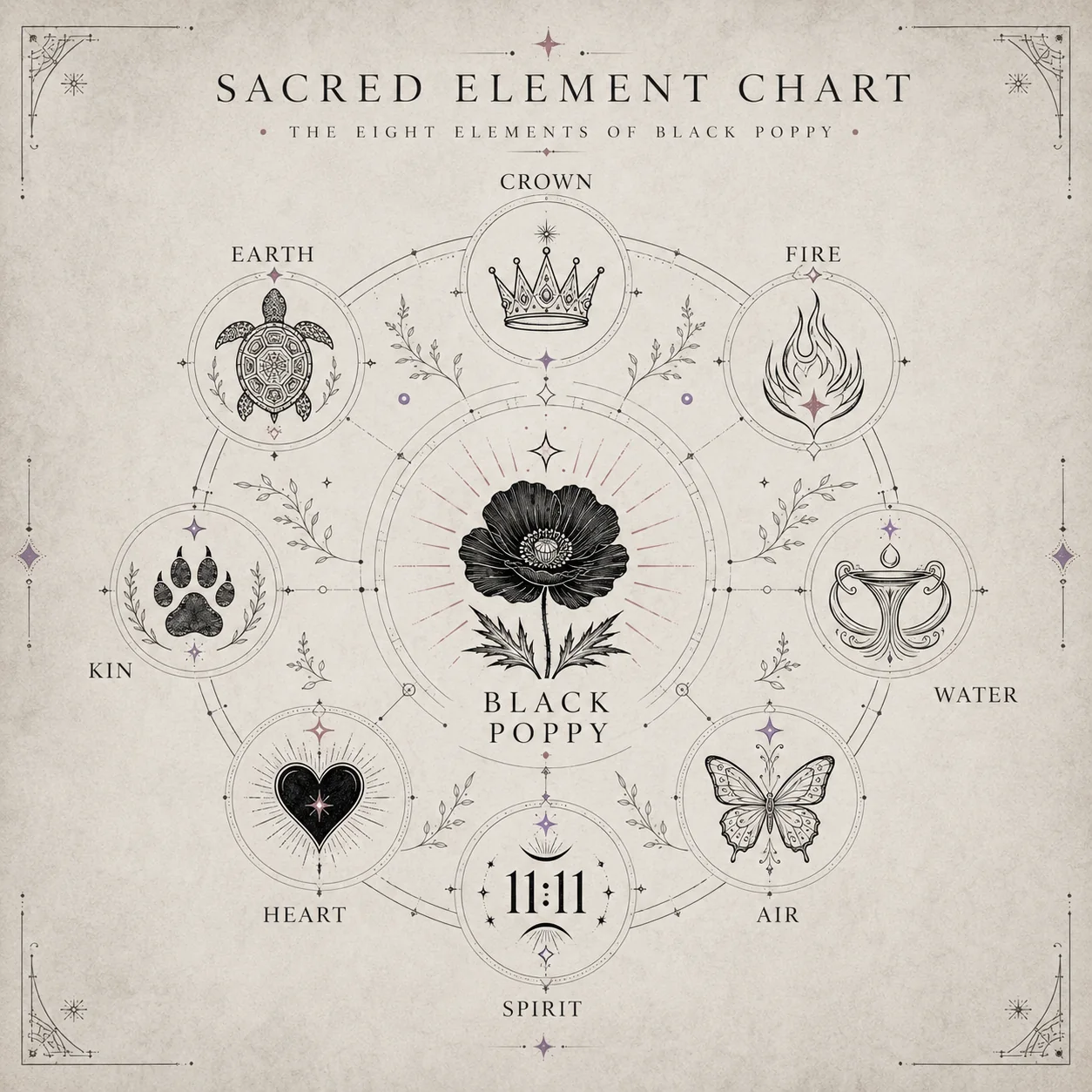 The Sacred Element Chart: crown, earth, fire, water, air, spirit, heart and kin around the black poppy