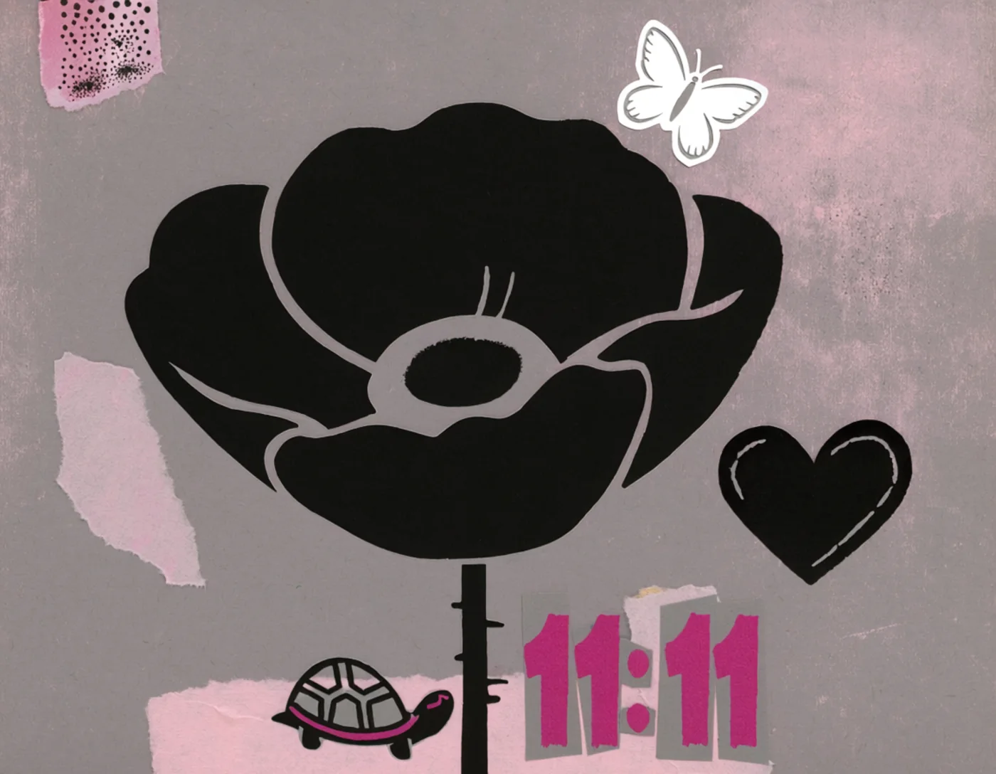 Collage of a black poppy with a heart, a butterfly, a turtle and 11:11