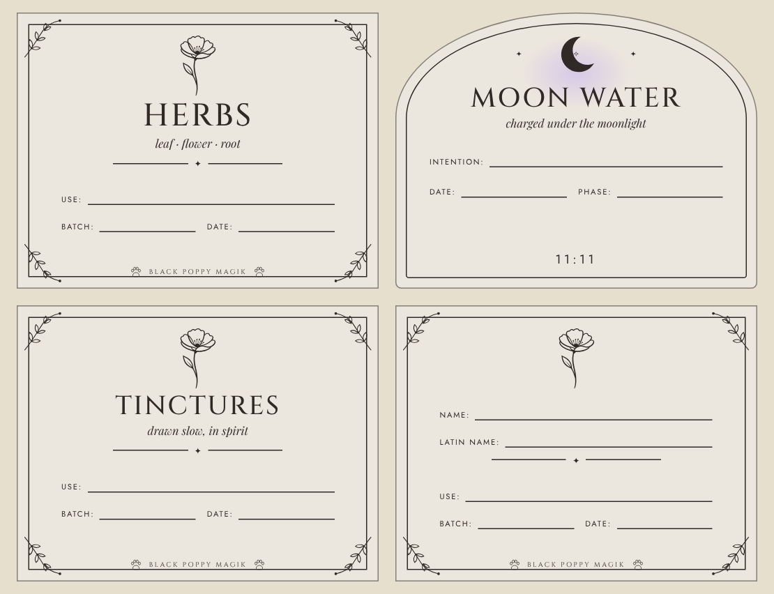 Black Poppy Magik apothecary labels: Herbs, Moon Water, Tinctures and a blank label